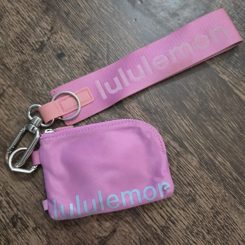 LULULEMON Dual Pouch Wristlet Womens OS Pink Logo Strap Keychain Pouch
